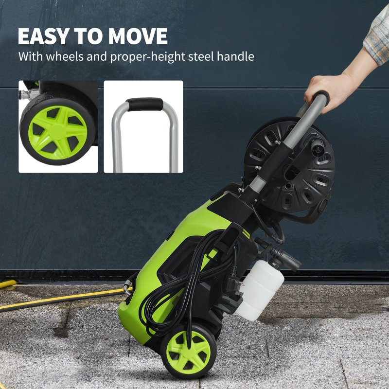 Outsunny 1800W High Pressure Washer, 150 Bar Pressure, 420 L/h Flow, Portable Power Washer Jet Wash Cleaner with Adjustable Nozzle, 6M Hose, Hose Reel, Steel Handle for Home Patio Car Driveway, Green