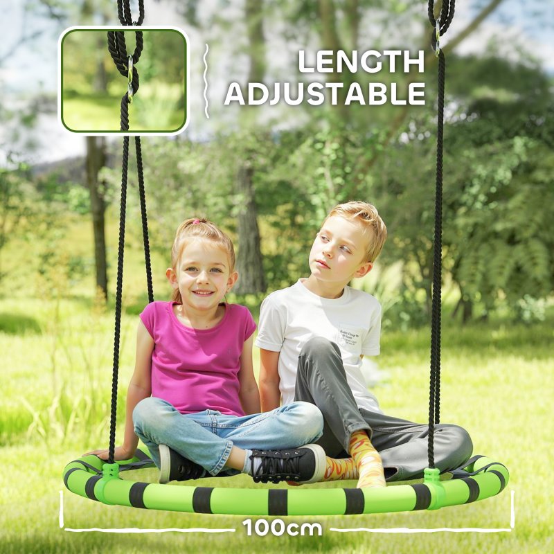 AIYAPLAY Kids Nest Swing Seat, Hanging Set with Height Adjustable Ropes for Kids, 100cm Diameter Round Saucer Swing Chair for Outdoor, Garden, Black/Green