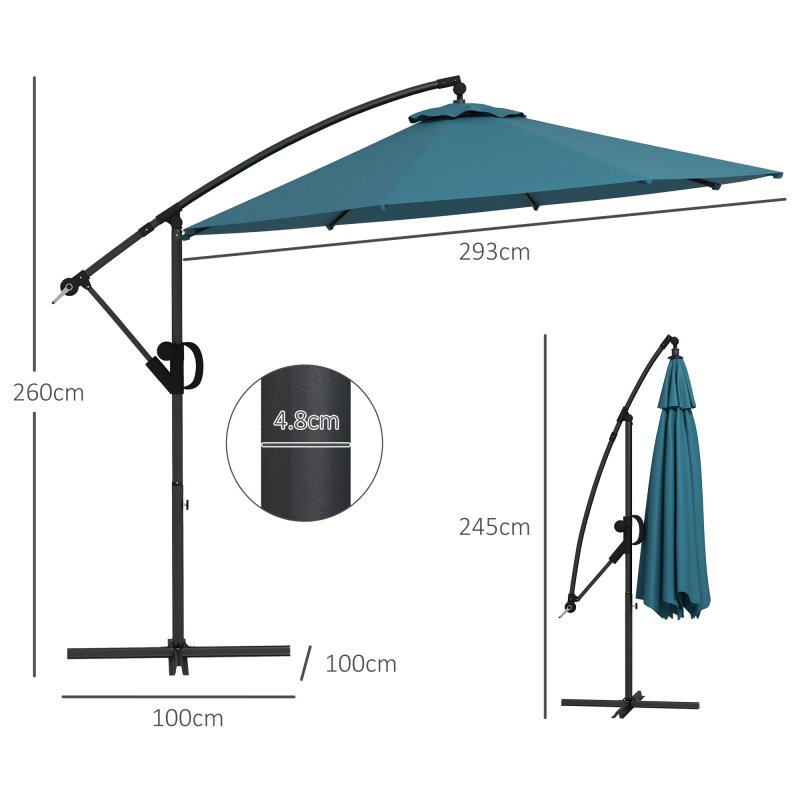 Outsunny 3(m) Cantilever Parasol with Cross Base, Banana Parasol with Crank Handle, Tilt and 8 Ribs, Round Hanging Patio Umbrella for Outdoor Pool, Garden, Balcony, Blue