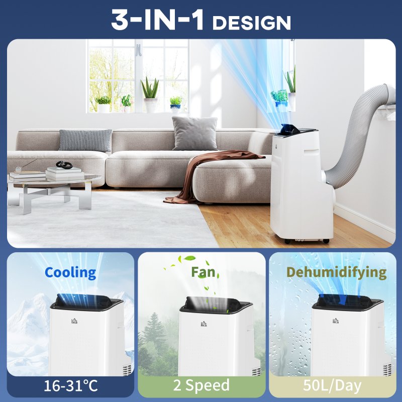 HOMCOM 12000 BTU Portable Air Conditioner, Smart Home WiFi Compatible, 3-in-1 Dehumidifier Cooler Fan, with Sleep Mode, Remote, 24H Timer, Window Venting Kit, A Energy Efficiency, 26m²