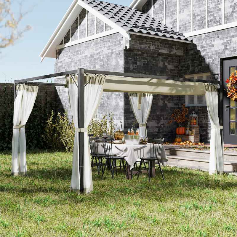 Outsunny 3 x 4 m Pergola with Retractable Roof Canopy and Netting Sidewalls, Aluminium Frame Garden Gazebo Outdoor Sun Shade Shelter for Grill, Patio, Deck, Khaki