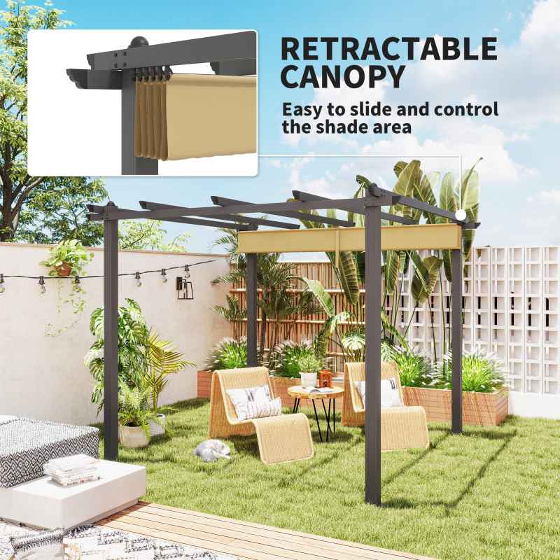 Outsunny 3 x 3(m) Pergola with Retractable Roof, Aluminium Frame Garden Gazebo Canopy Outdoor Sun Shade Shelter for Grill, Patio, Deck, Khaki