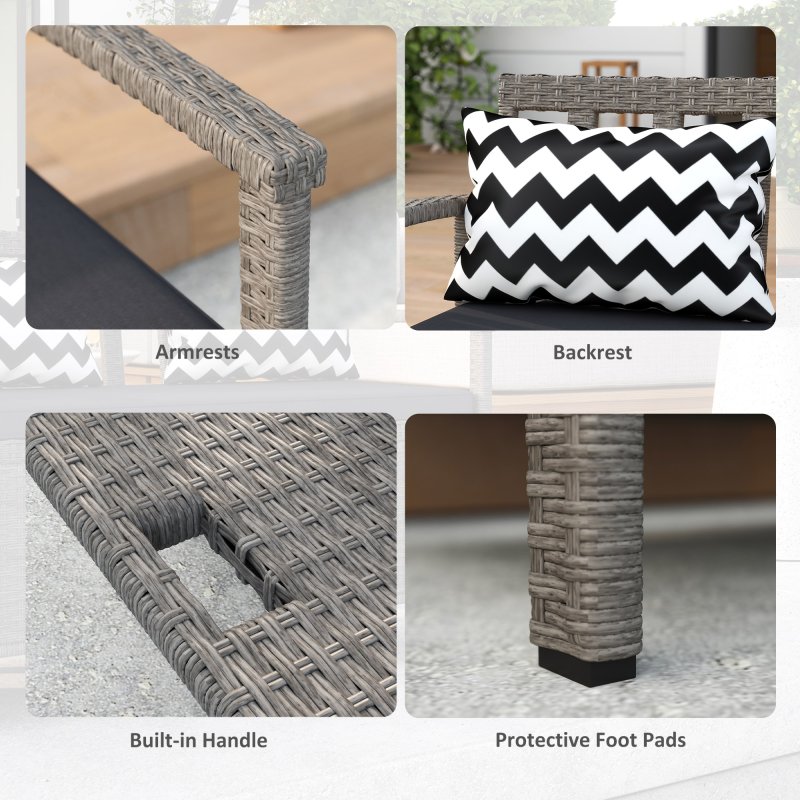 Outsunny 2 Seater Garden Storage Bench with 160L Capacity, PE Rattan Garden Bench with Storage, Wicker Outdoor Bench Loveseat with Cushion, Pillows and Steel Frame for Patio, Grey