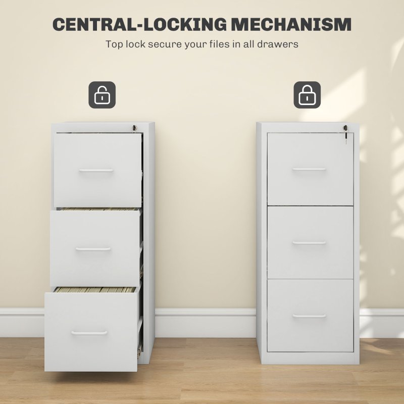 HOMCOM 3 Drawer Filing Cabinet, Vertical File Cabinet with Adjustable Hanging Bar for A4 and Letter Size, Steel Printer Stand for Home Office, Cream White