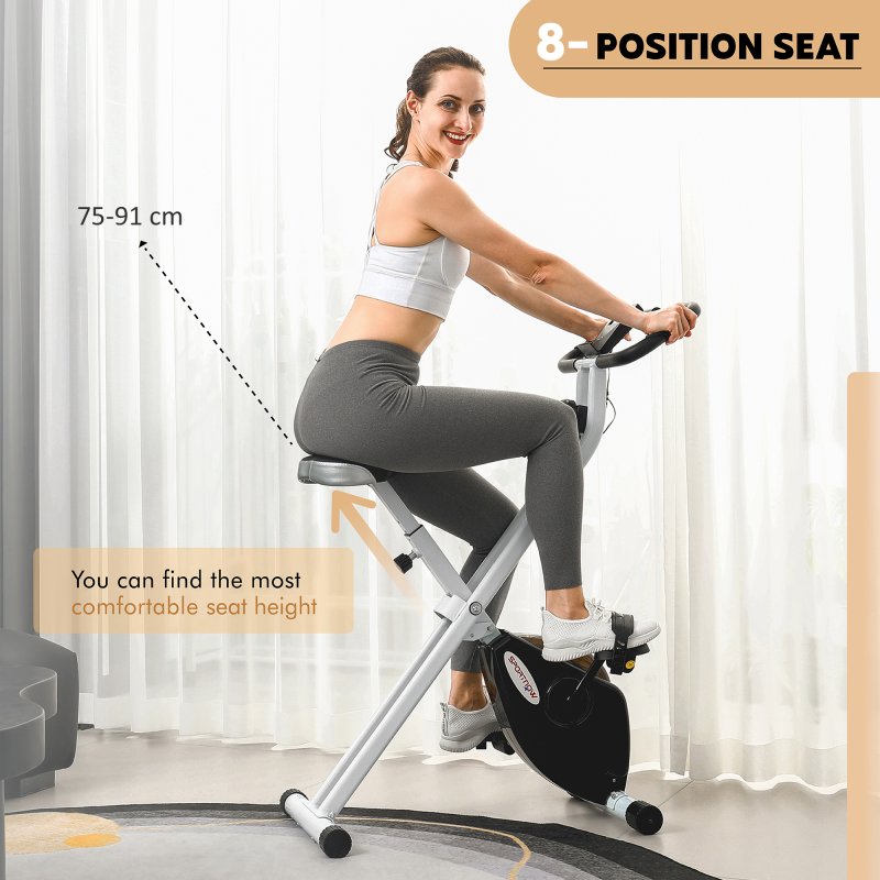 SPORTNOW Folding Exercise Bike, Quiet Stationary Bike with 8-Level Magnetic Resistance, Heart-Rate Sensor, Adjustable Seat and Wheels for Home Gym Workout, Black and White