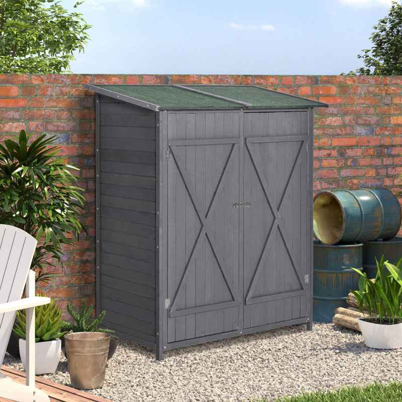 Outsunny Small Shed, Wooden Garden Shed with Flexible Table, Hooks and Ground Nails, Lockable Tool Shed with Asphalt Roof, 140 x 75 x 157cm, Grey
