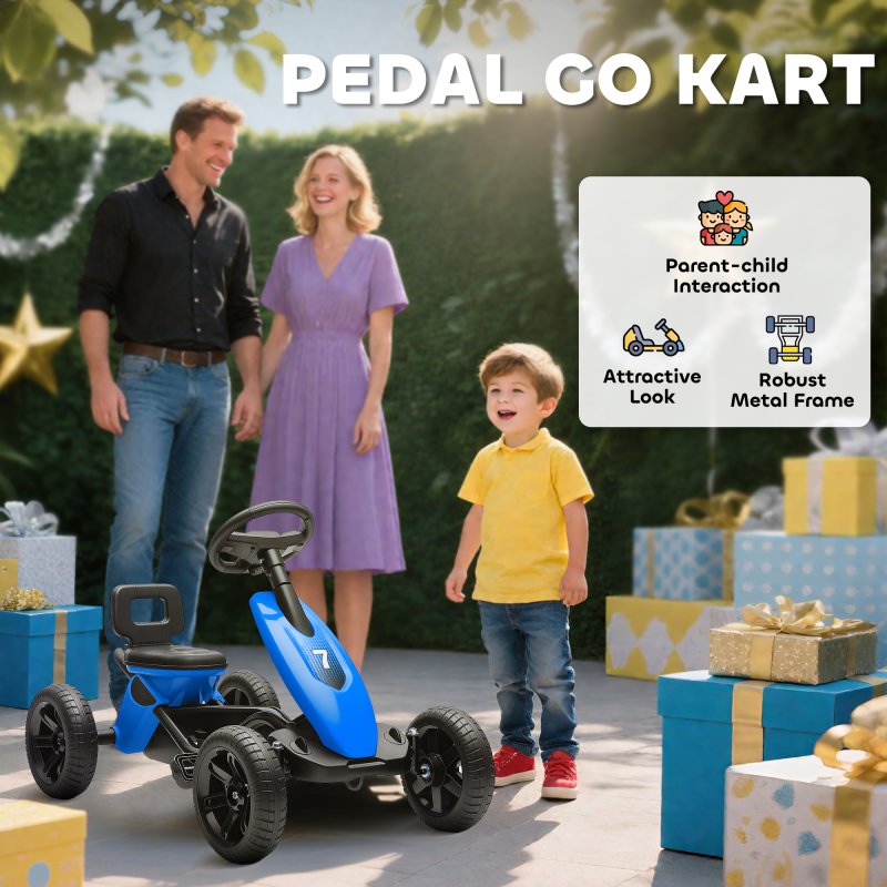 AIYAPLAY Pedal Go Kart for Kids, Children Ride-On Race Car with Silent EVA Tyres, for 2-5 Years, Blue