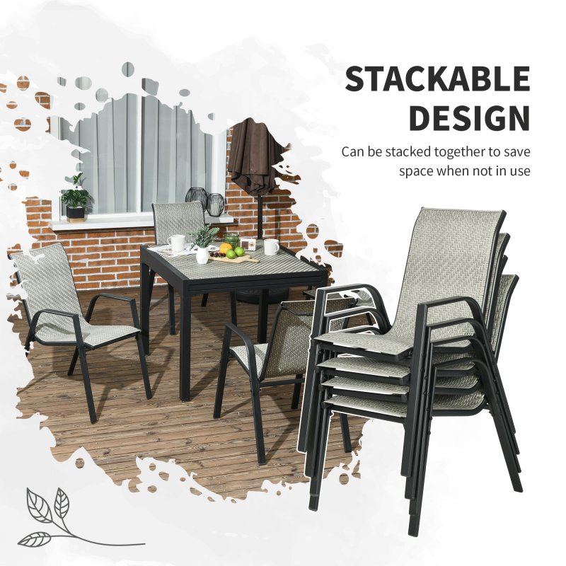 Outsunny Stackable Outdoor Chairs Set of 4, Rattan Garden Chairs with Armrests and Backrest for Deck, Mixed Grey