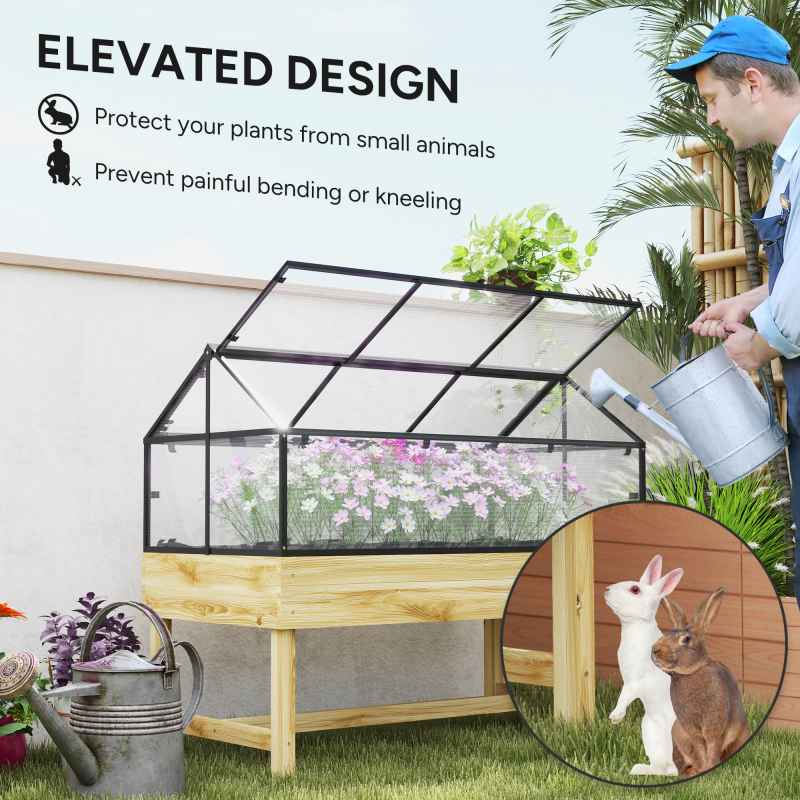 Outsunny Raised Garden Bed with Cold Frame Greenhouse, Elevated Wood Planter Box with Polycarbonate Panel and Top Vent for Vegetables, Flowers, Herbs, 120 x 60 x 103cm, Natural