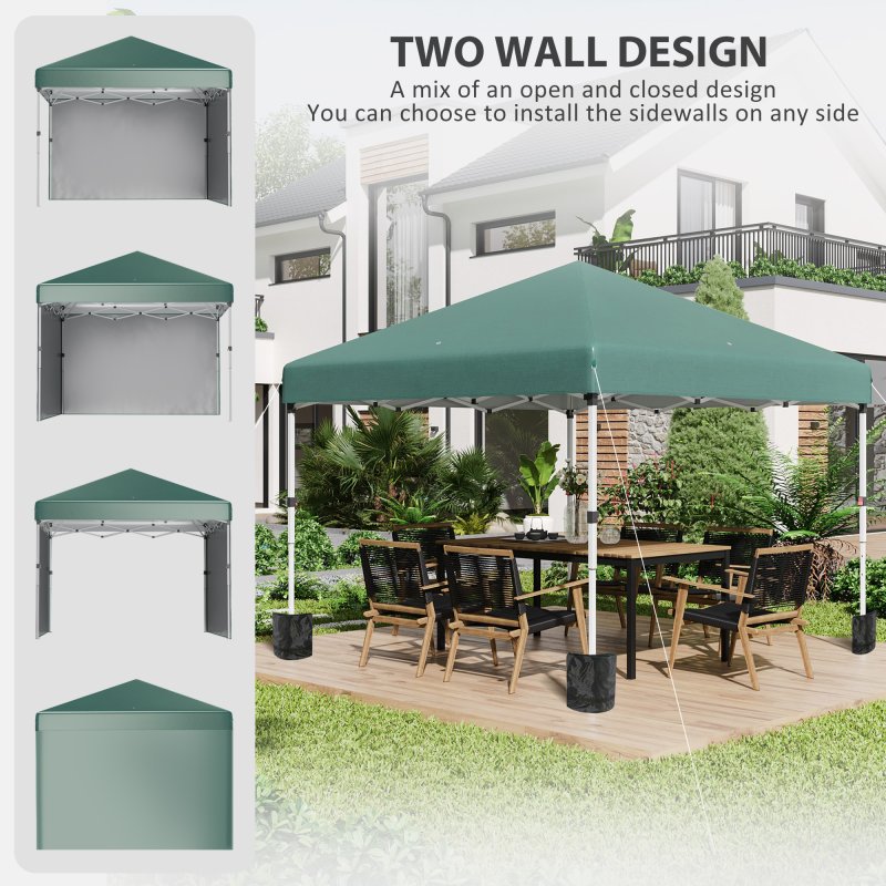 Outsunny 3 x 3 (M) Pop Up Gazebo, UPF 30+ with 2 Sidewalls, Leg Weight Bags and Wheeled Bag, Height Adjustable Party Tent Event Shelter for Garden, Patio, Green