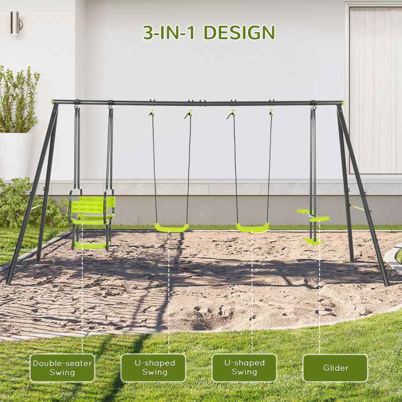 Outsunny Garden Swing Set, Kids Swing with Double Swings, Glider, Swing Seats, for Outdoor, Playground, for Ages 3-8 Years - Green