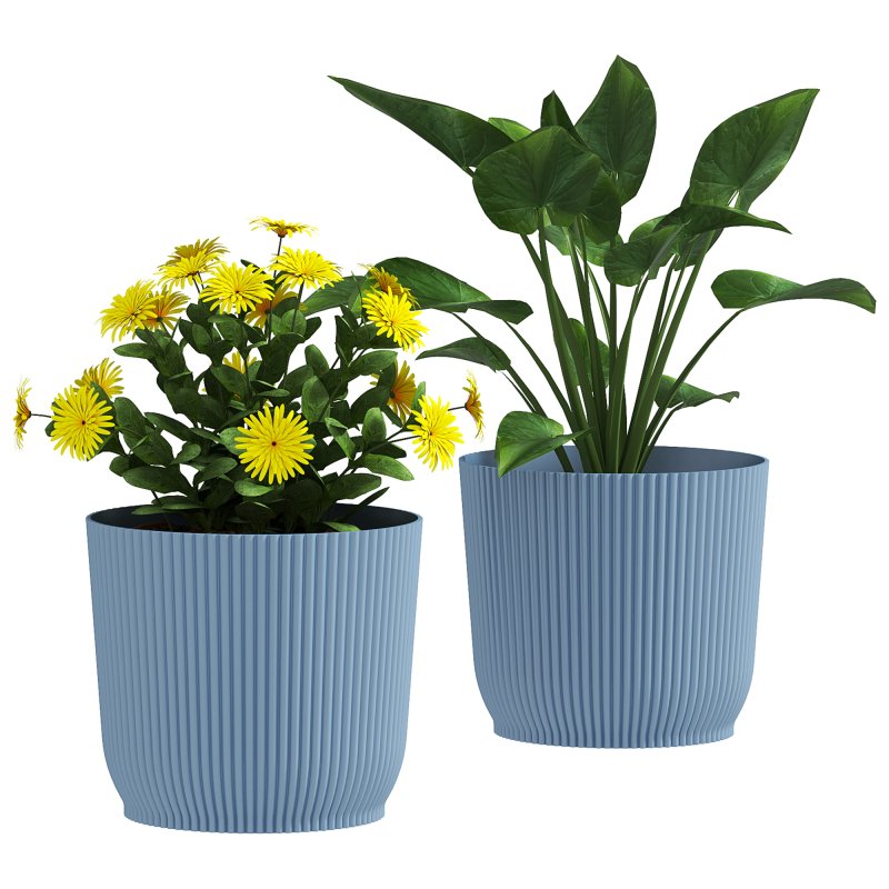 Outsunny Set of 2 Plastic Round Plant Pots Outdoor 22cm, Garden Planters, Flower Pots for Garden Decoration, Patios, Indoor, Outdoor, Home, Blue