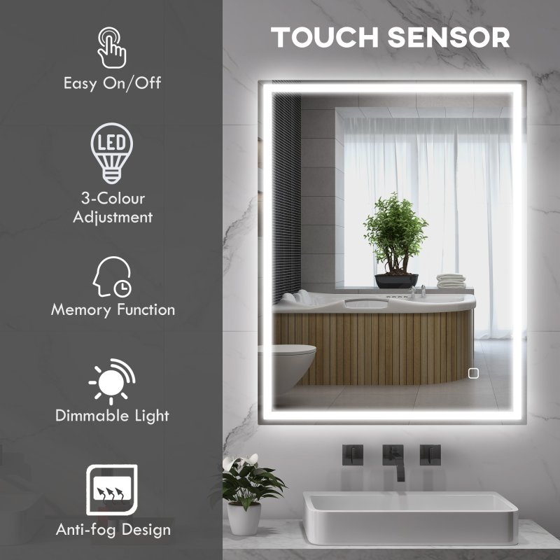 HOMCOM Bathroom Mirror with LED Lights, Illuminated Makeup Mirror with 3 Colours, Defogging Film and Memory Function, Hardwired, Horizontal or Vertical, 90 x 70cm