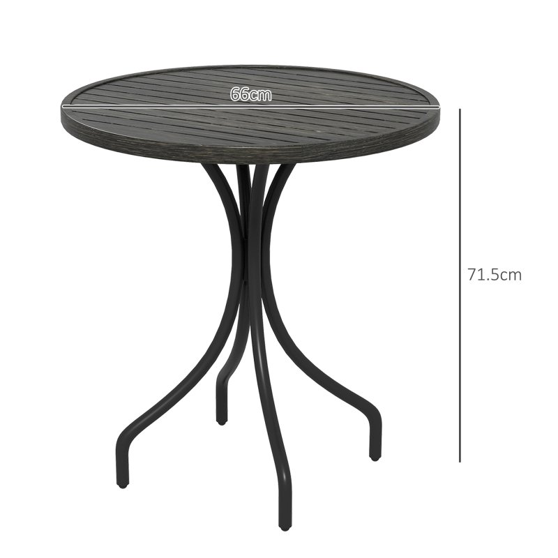 Outsunny ??66cm Garden Side Table, Round Bistro Coffee Table, Outdoor Patio Table with Steel Frame and Slat Tabletop for Balcony and Porch, Grey Wood Grain