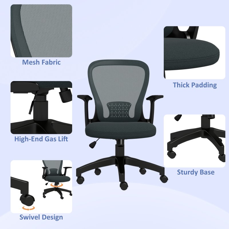 Vinsetto Mesh Office Chair, Ergonomic Computer Desk Chair with Flip-up Armrest, Lumbar Back Support, Adjustable Height, Swivel Wheels, Charcoal Grey