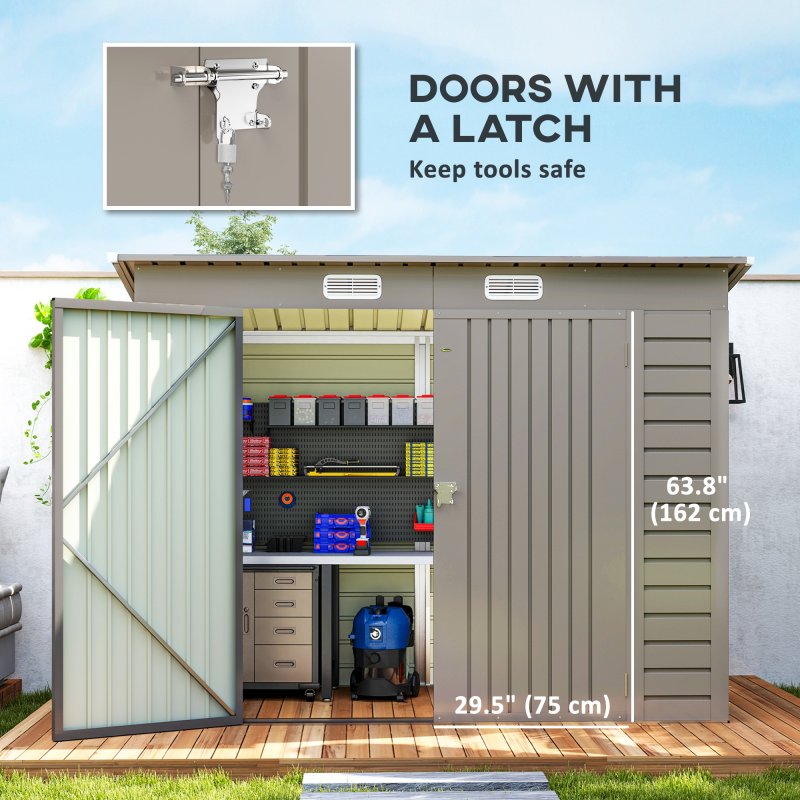 Outsunny 8 x 4FT Garden Shed, Galvanised Metal Shed, Easy to Assemble, Outdoor Tool Storage Shed with Pent Roof, Lockable Door and 2 Vents, Light Grey
