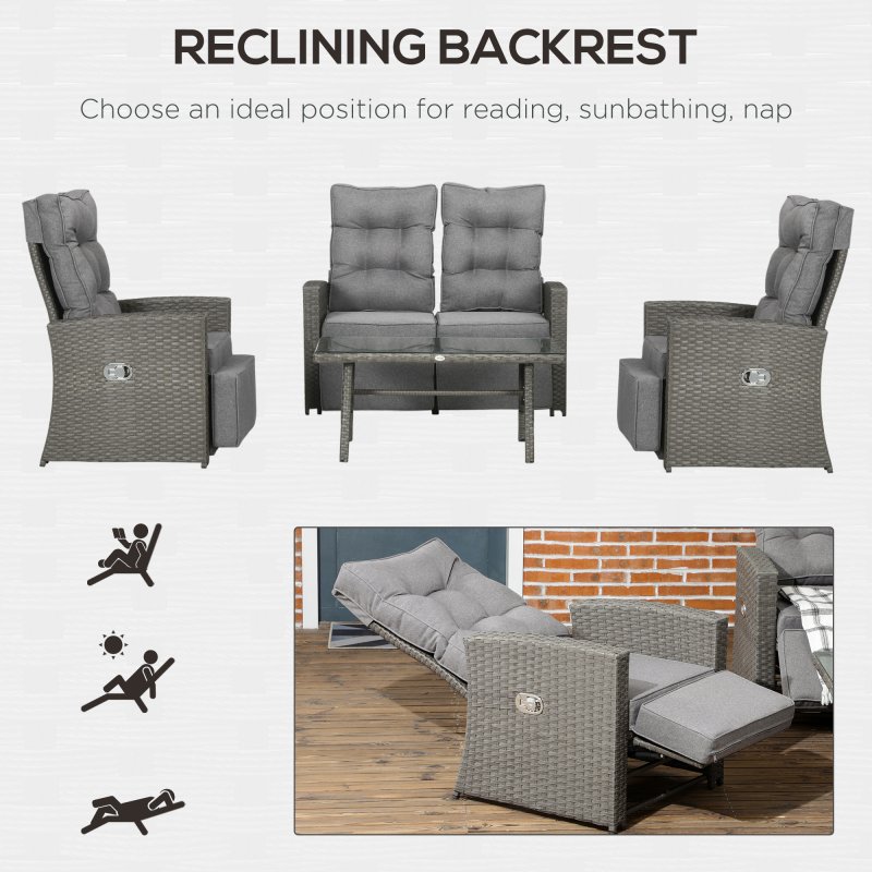 Outsunny 4 Piece Rattan Garden Furniture Set with Adjustable Backrest, Wicker Outdoor Furniture Sofa Set with Loveseat, Reclining Armchairs, Thickened Cushions and Glass Top Table, Grey