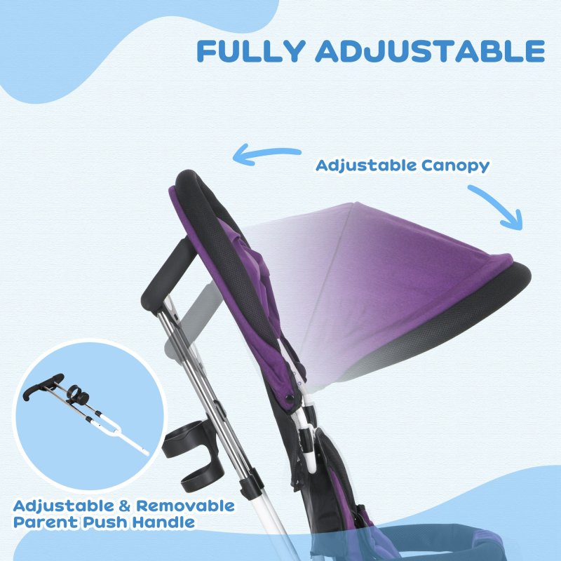 HOMCOM 6 in 1 Trike, Kids Tricycle, Pedal Push Bike w/ Push Handle, Removable Canopy, 5-point Safety Belt, Storage, Footrest, Brake, for 1-5 Years Toddler, Purple