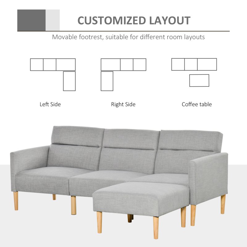 HOMCOM Upholstered 3 Seater Sofa Bed, Corner Reversible Click Clack Sofa Set, Linen-Touch Fabric Sleeper Futon with Footstool, Light Grey