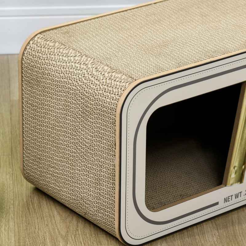 PawHut Cat Scratching Board, 2 in 1 Cat Scratcher Cardboard with Catnip, Canned Tuna Design Cat House for Indoor Kitty, Cream White