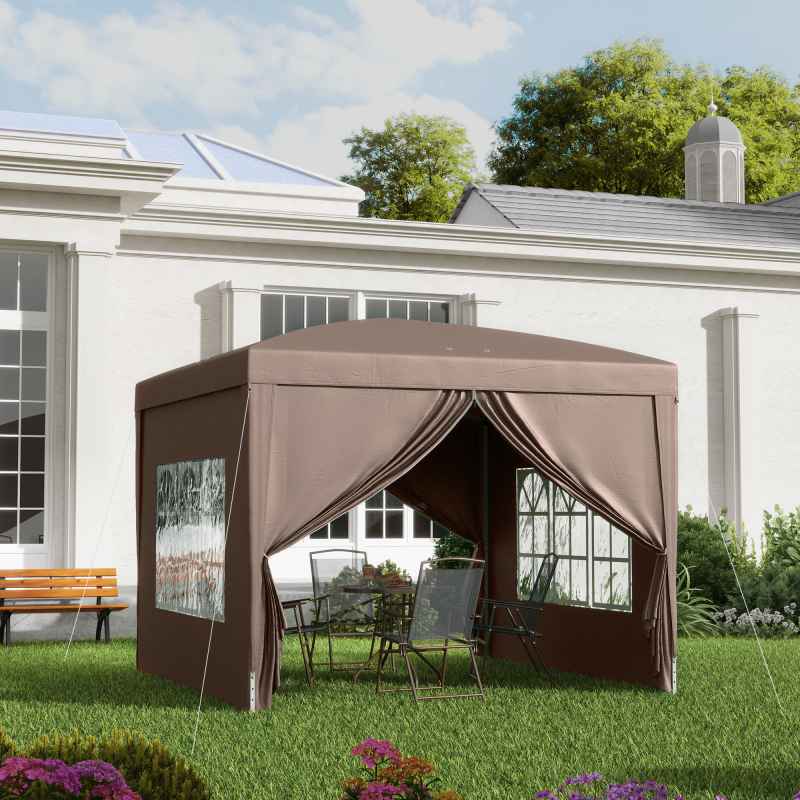 Outsunny 3 x 3 Meters Pop Up Water Resistant Gazebo Wedding Camping Party Tent Canopy Marquee with Carry Bag and 2 Windows, Coffee