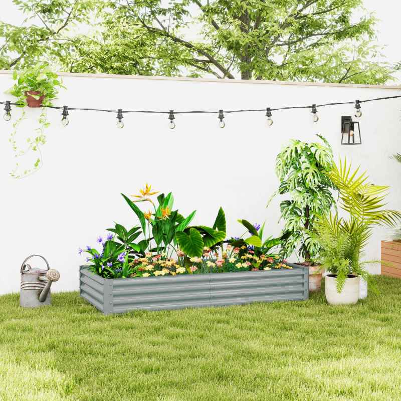 Outsunny Galvanised Raised Garden Bed, 180 x 90 x 30cm Raised Bed with Reinforcing Bars, Outdoor Raised Planter with Open Bottom for Vegetables, Flowers, Herbs, Silver
