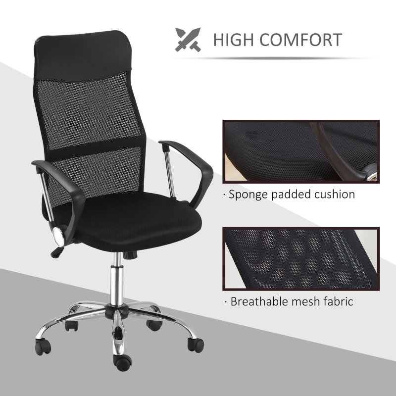 HOMCOM Mesh Office Chair, High Back Computer Desk Chair, Swivel Chair with Height Adjustable, Study Chair for Home Office, Black