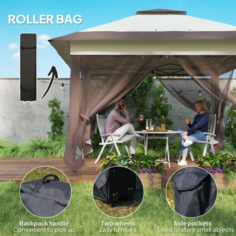 Outsunny 3.6 x 3.6 m Pop up Gazebo with Netting and Wheeled Carry Bag, UPF50+ Height Adjustable Party Tent Instant Canopy Sun Shade Shelter, Khaki