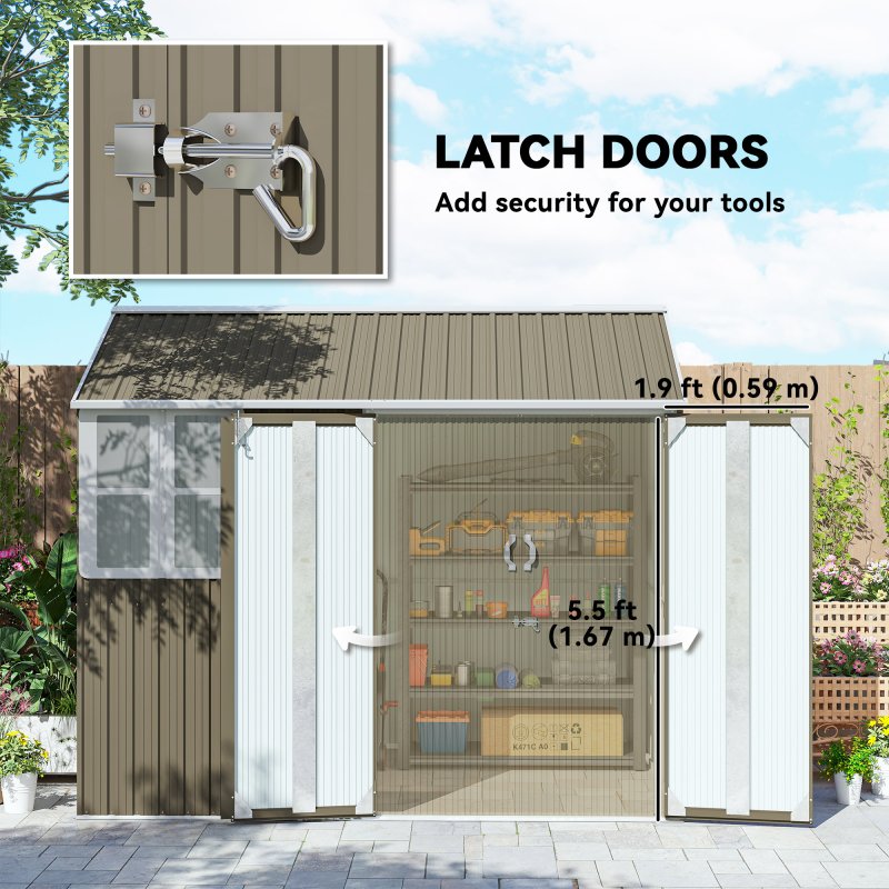 Outsunny 8 x 6 ft Garden Shed, Metal Shed with Double Doors, Window and Air Vents, Galvanised Outdoor Lockable Tool Storage House, Grey