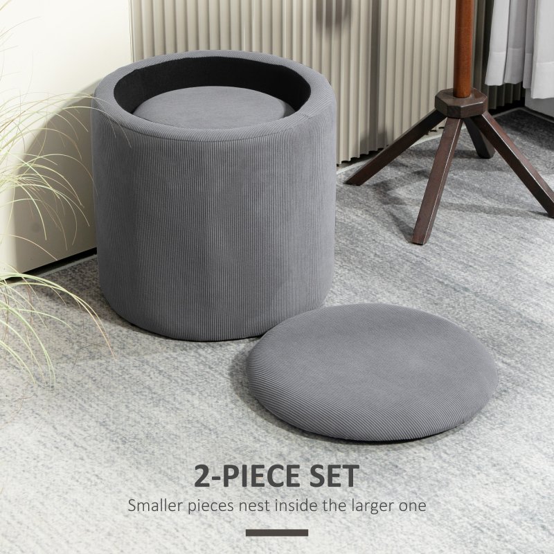 HOMCOM Set of 2 Round Ottoman with Storage, Fabric Vanity Stool for Makeup, Footrest Stool with Removable Lid for Living Room & Bedroom