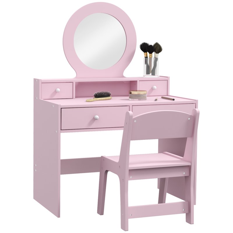 AIYAPLAY Kids Dressing Table Set with Stool and Mirror, Make up Set with Storage Drawers, Kids Vanity Table Gift for Aged 3-8 Years Old - Pink