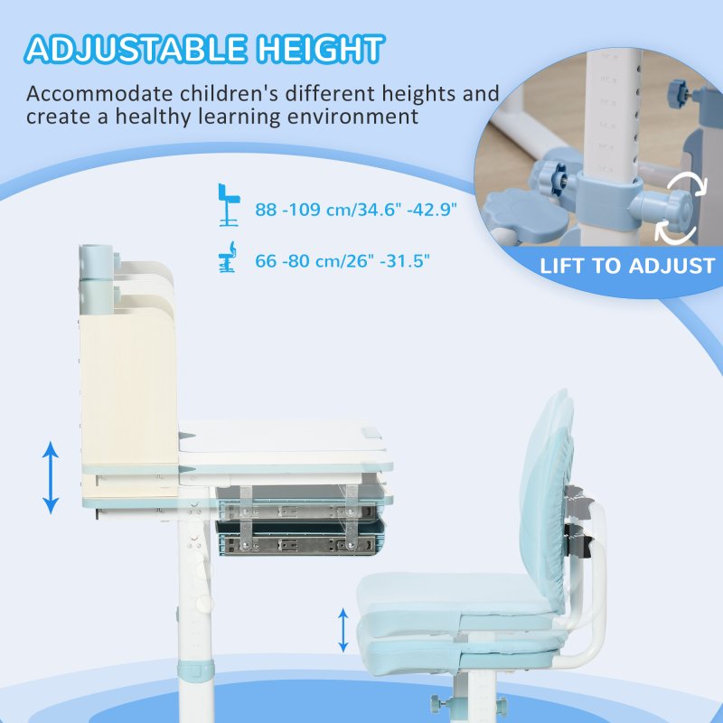 HOMCOM Kids Desk and Chair Set, Height Adjustable Kids Study Table and Chair Set with Storage Shelves, Washable Cover, Anti-Slip Mat, for Ages 3-12 Years - Blue