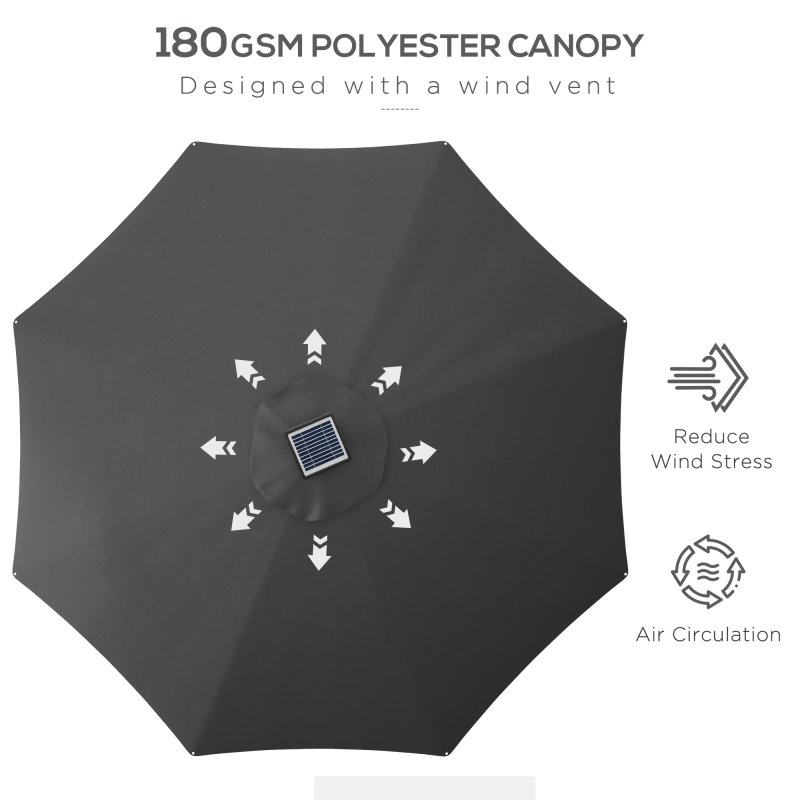 Outsunny 3(m) Solar Powered Garden Parasol with Lights, LED Lighted Deck Umbrella with 48mm Aluminium Pole, Crank, Solar Charged and USB Type-c, for Balcony, Outdoor and Lawn, Charcoal Grey