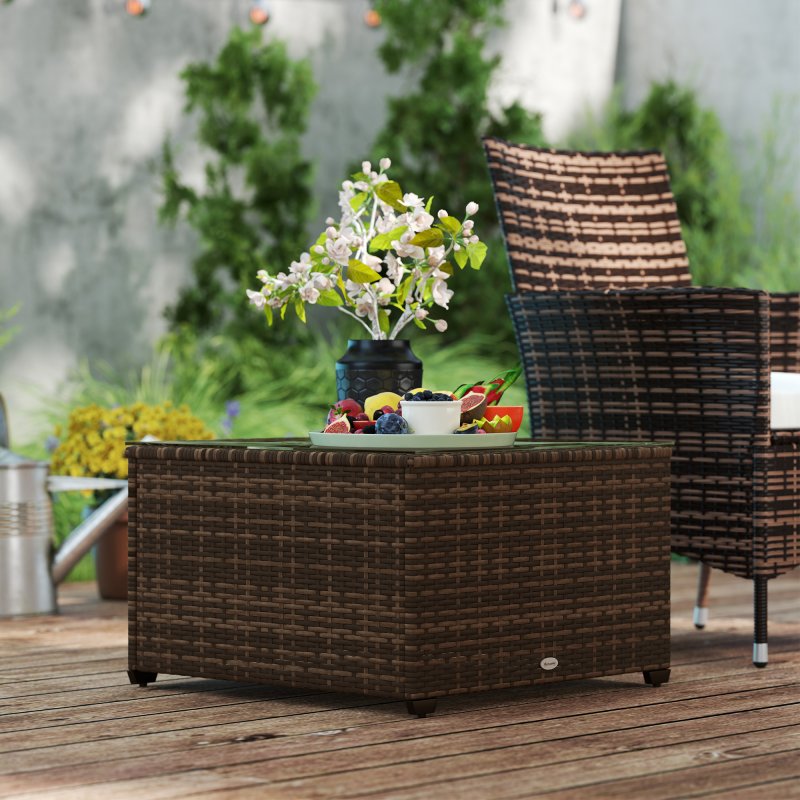 Outsunny Outdoor Coffee Table, PE Rattan Side Table with Tempered Glass Top, Wicker Square Garden Coffee Table End Table with Steel Frame for Patio, Balcony, 60 x 62 x 38cm, Brown