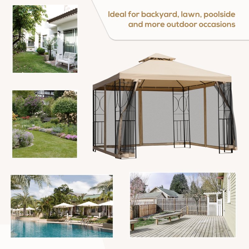 Outsunny 3 m x 3 m Garden Gazebo, Double Roof Outdoor Gazebo Canopy Shelter with Netting, Solid Steel Frame for Garden, Lawn, Backyard and Deck