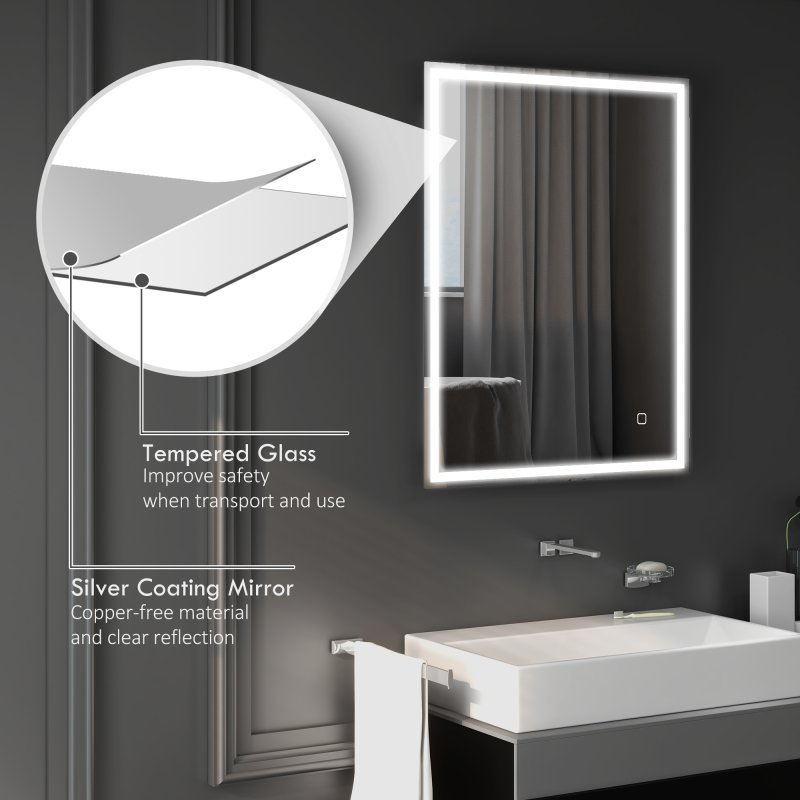 HOMCOM Bathroom Mirror with LED Lights, Illuminated Makeup Mirror with 3 Colours, Defogging Film and Memory Function, Hardwired, Horizontal or Vertical, 90 x 70cm
