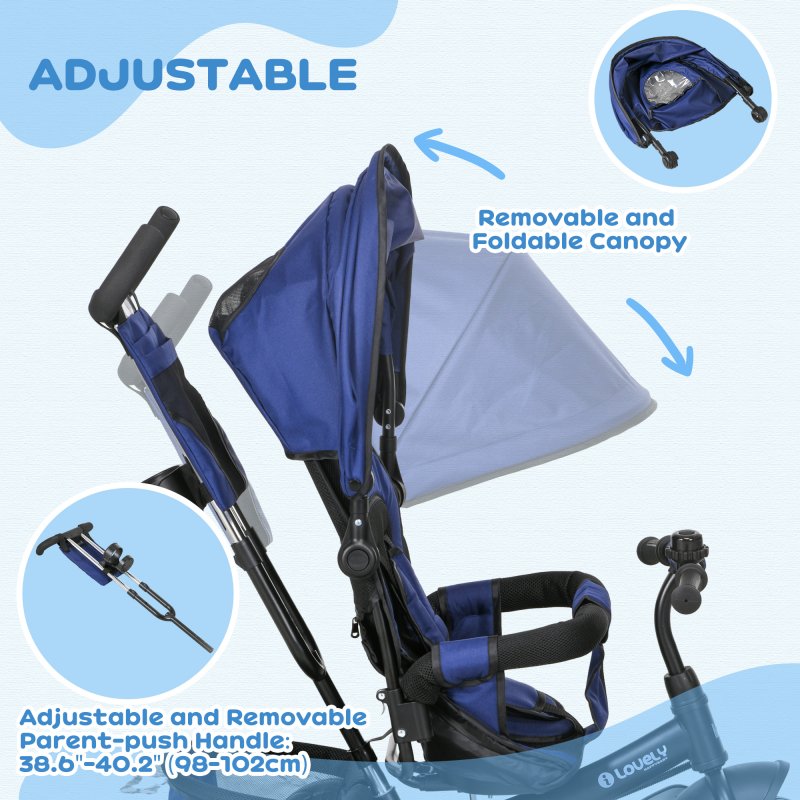 HOMCOM 6 in 1 Trike, Kids Tricycle, Pedal Push Bike w/ Push Handle, Removable Canopy, 5-point Safety Belt, Storage, Cushion, Footrest, Brake, for 1-5 Years Toddler