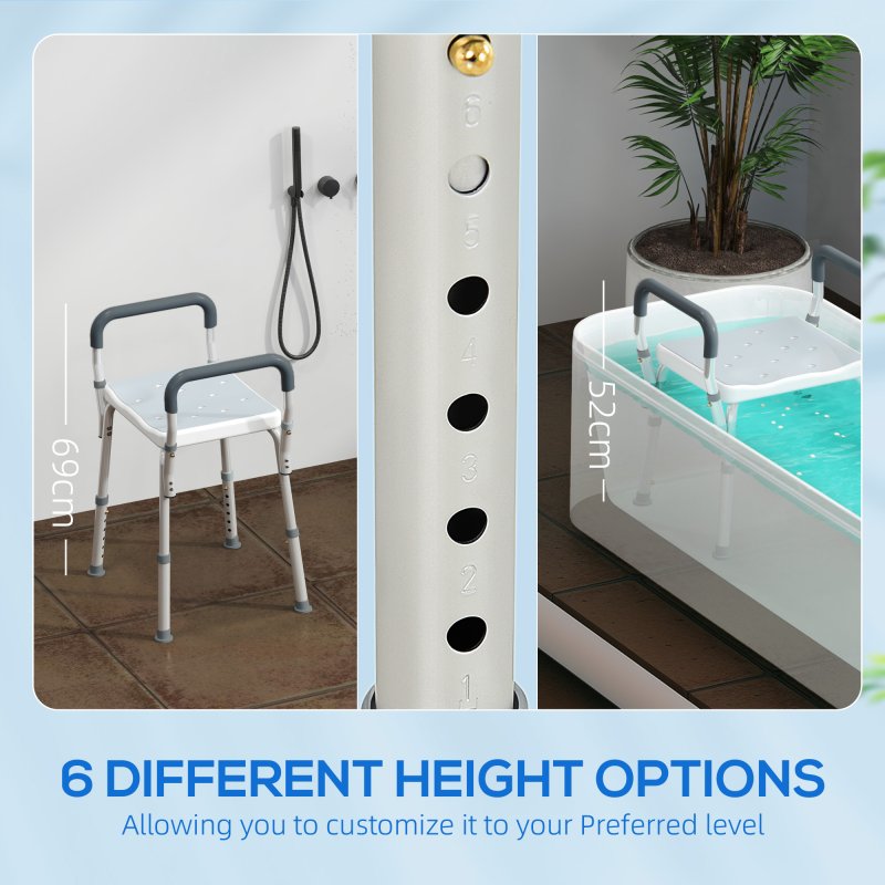 HOMCOM Portable Shower Stool, Non-Slip Shower Chair with Adjustable Height and EVA Cushion, Rust-Free Aluminium Bath Chair for Elderly, Disabled, Light Blue