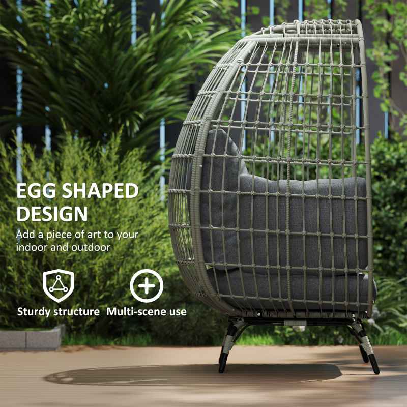 Outsunny Oversized Garden Egg Chair, Outdoor Wicker PE Rattan Chair with Thickened Padded Cushions and Pillows for Balcony, Porch, Charcoal Grey