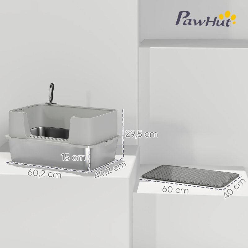 PawHut Stainless Steel Litter Box, High Sided Cat Litter Tray with Metal Scoop, Mat, Never Absorbs Odors, Anti Leakage & Easy to Clean, Pet Toilet for Big Cats, Grey