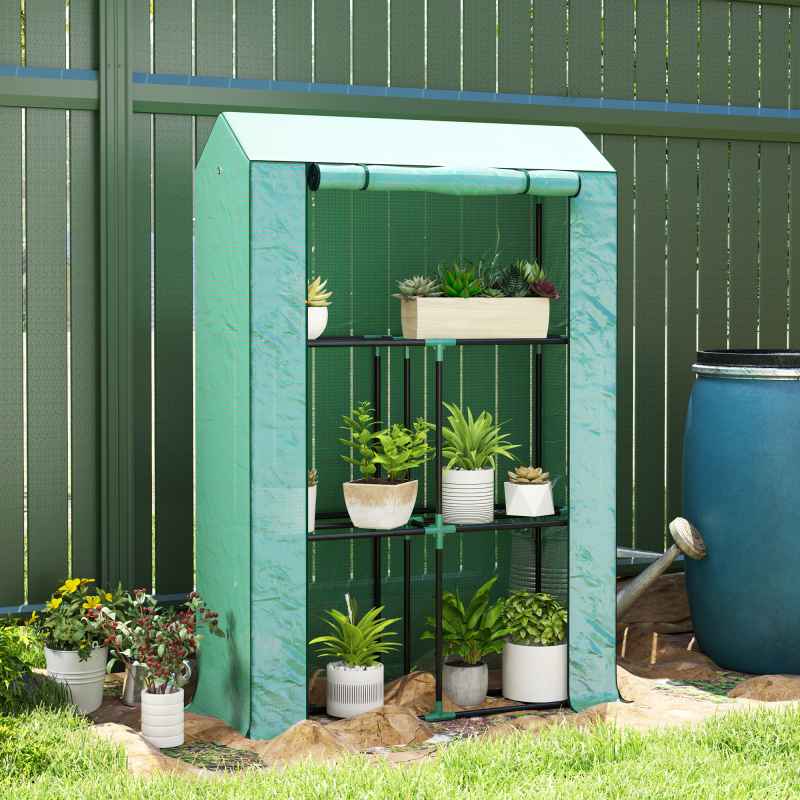 Outsunny 3 Tier Mini Greenhouse with Reinforced PE Cover, Portable Small Greenhouse with Roll-Up Door, 100 x 40 x 150cm, Green