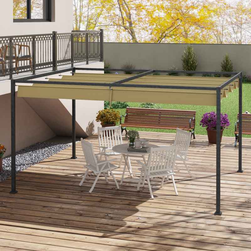 Outsunny 3 x 2m Metal Outdoor Pergola with Retractable Roof, Outdoor Gazebo Canopy Shelter with Drainage Holes for Garden, Patio, Lawn, Khaki