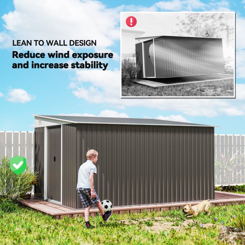 Outsunny 11.3 x 9.2ft Lean to Metal Garden Shed with Double Sliding Doors, Outdoor Galvanised Tool Storage House with 2 Air Vents, Grey