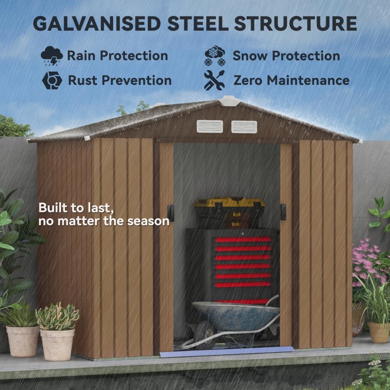 Outsunny 7 x 4ft Metal Garden Shed, Outdoor Storage Tool House with Ventilation Slots, Foundation Kit and Lockable Double Doors, Light Brown