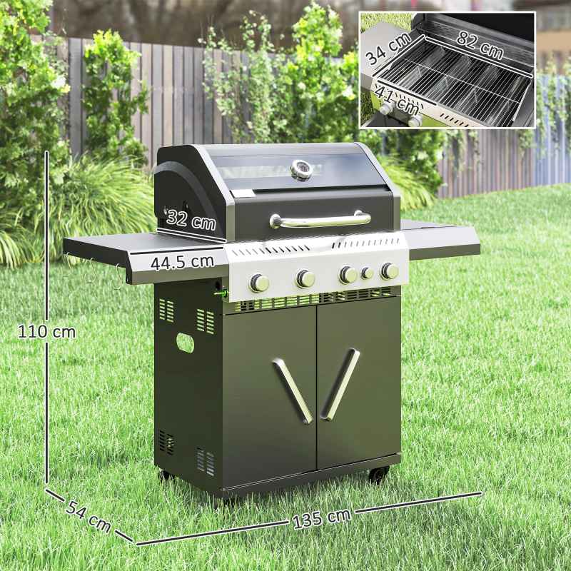 Outsunny 4+1 Burner Gas BBQ Grill with Clear View Lid, Portable Gas Barbecue Grill with Built-in Thermometer, Side Table, Cabinet, Wheels, Grease Tray for Garden Party Outdoor Cooking, Black