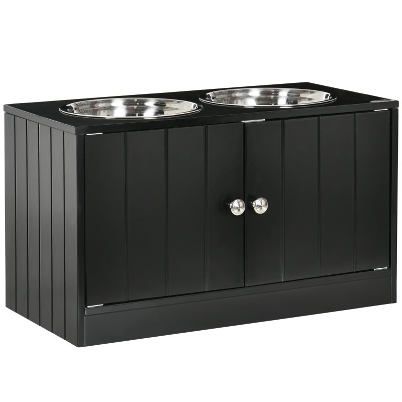 PawHut Raised Dog Bowls for Large Dogs Pet Feeding Station w/ Stand, Storage, Two Stainless Steel Bowls - Black