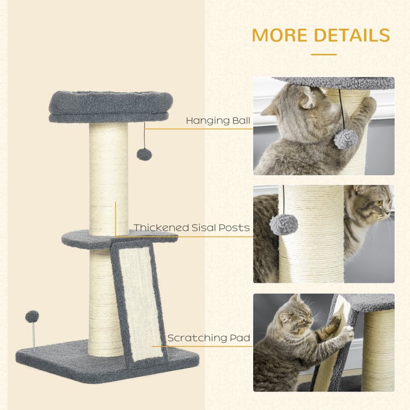 PawHut Cat Tree Tower, Cat Activity Centre, with Sisal Scratching Post, Multi Level Cat Climbing Frame Indoor, 48 x 48 x 92 cm, Dark Grey