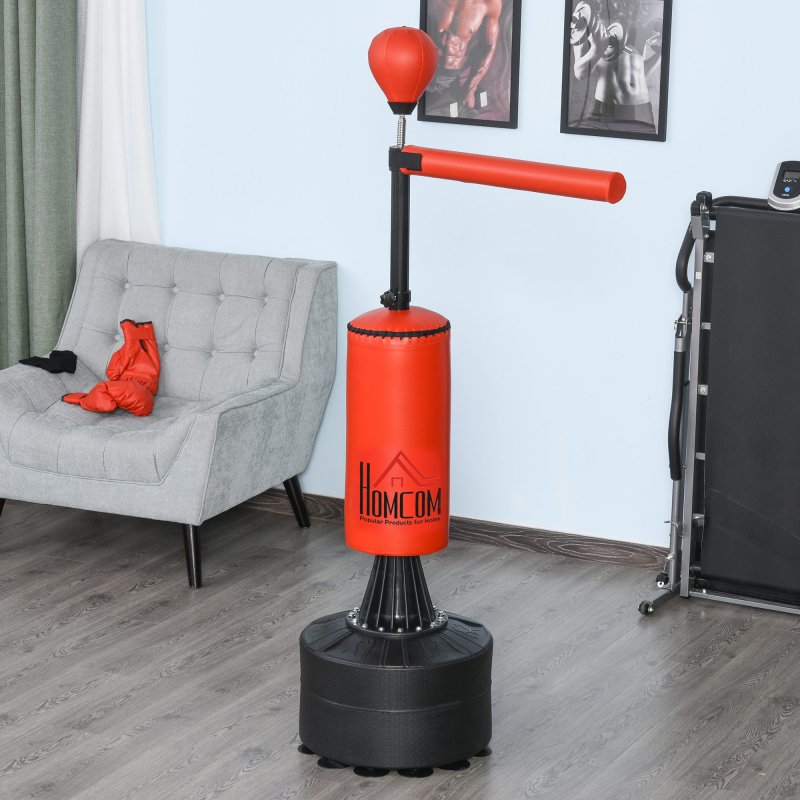 HOMCOM 155-205cm 3-IN-1 Freestanding Boxing Punching Bag Stand, Boxing Speed Trainer with Rotating Flexible Arm, Speed Ball, Fillable Base, Red