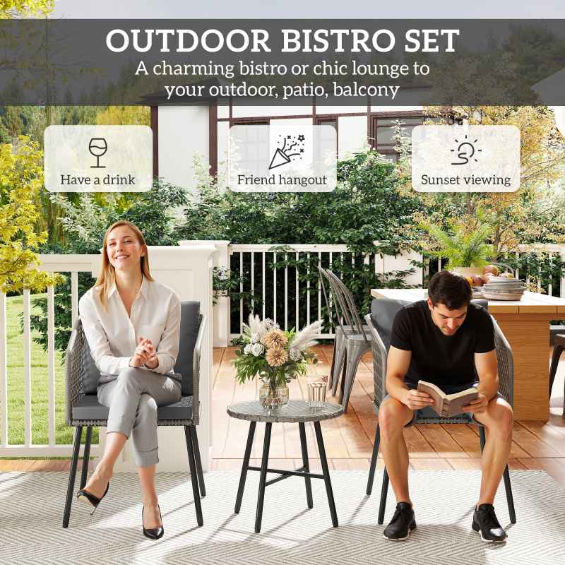 Outsunny 3 Piece Rattan Bistro Set, Patio Wicker Conversation Furniture Set with 2 Chairs, Tempered Glass Table, Cushions, Adjustable Foot Pads, for Garden, Balcony, Grey