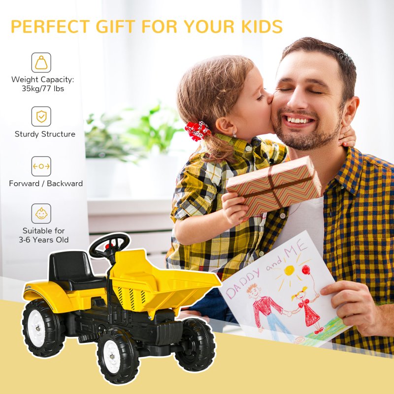 HOMCOM Ride on Tractor for Kids, No Power Pedal Go Kart Ride on Toy with Manual Control Bucket, Forward, Backword, for Aged 3-6 Years Old, Yellow